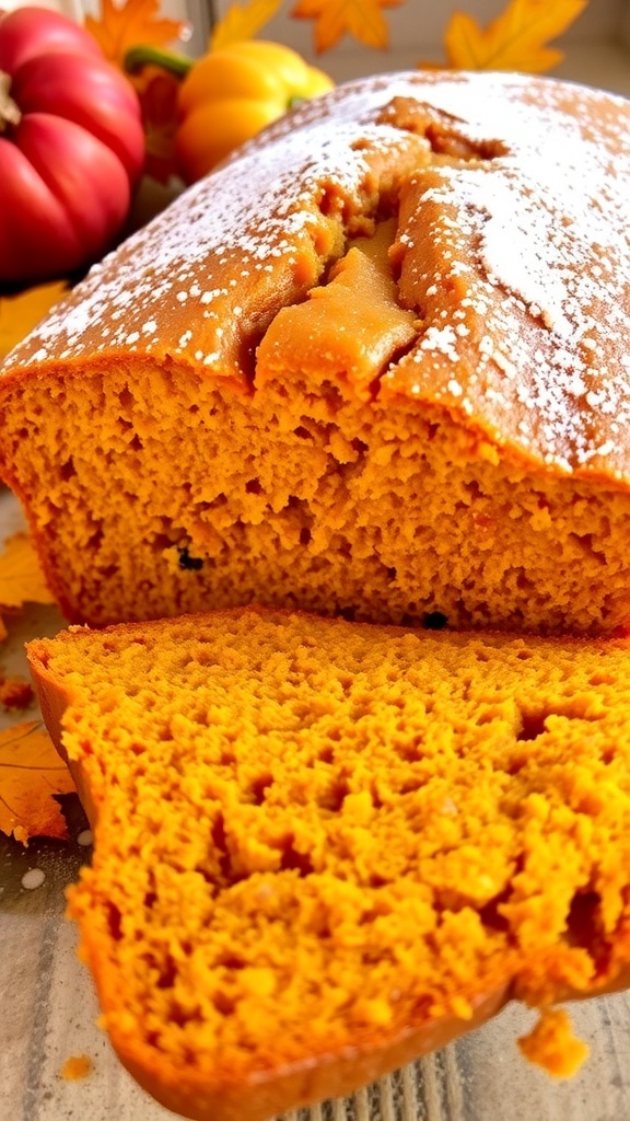 A loaf of moist pumpkin bread sliced, with a golden crust and rich orange interior, set against an autumn-themed background.